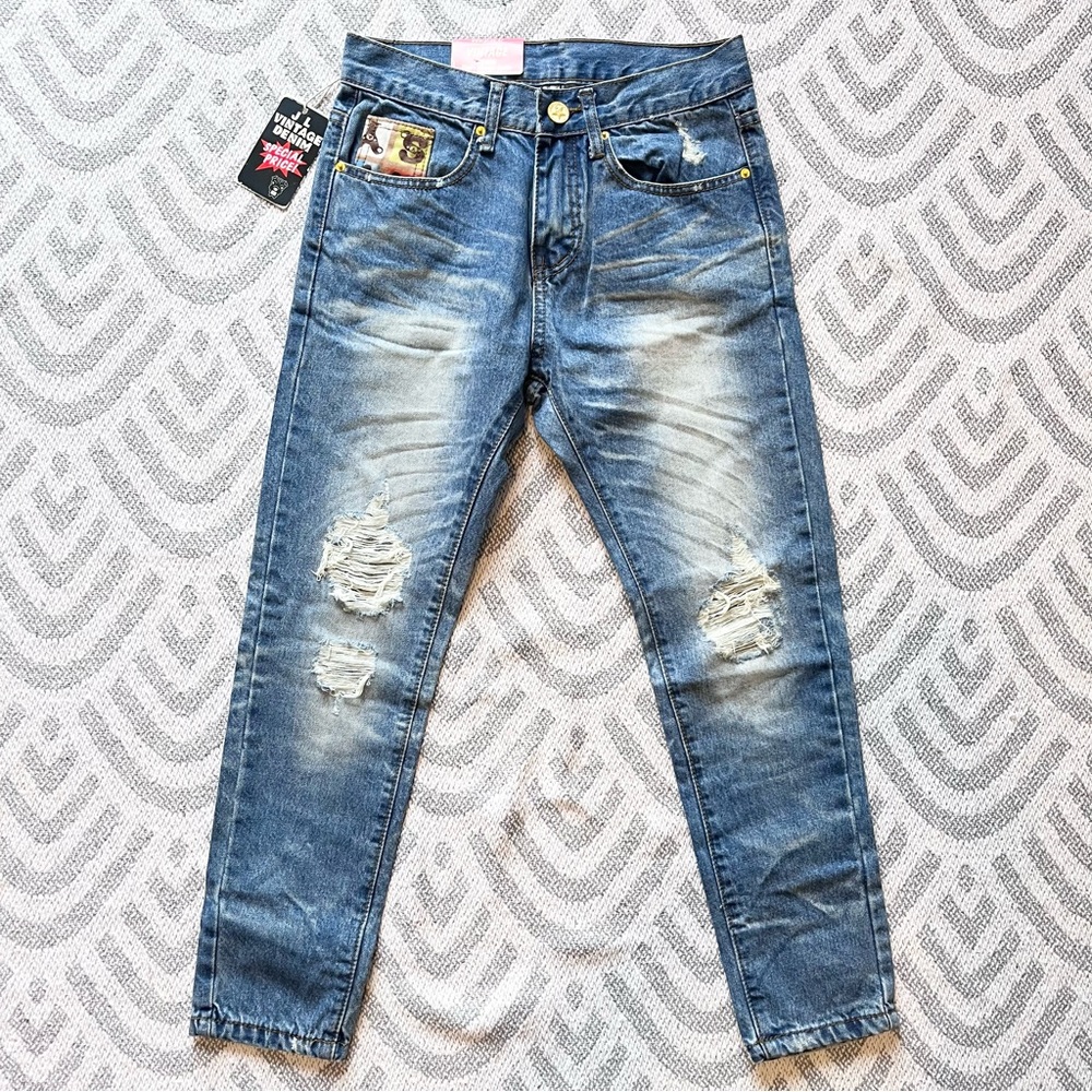 JL Vintage Women’s High Rise Distressed Korean Blue Denim Cropped Jeans 28 NWT